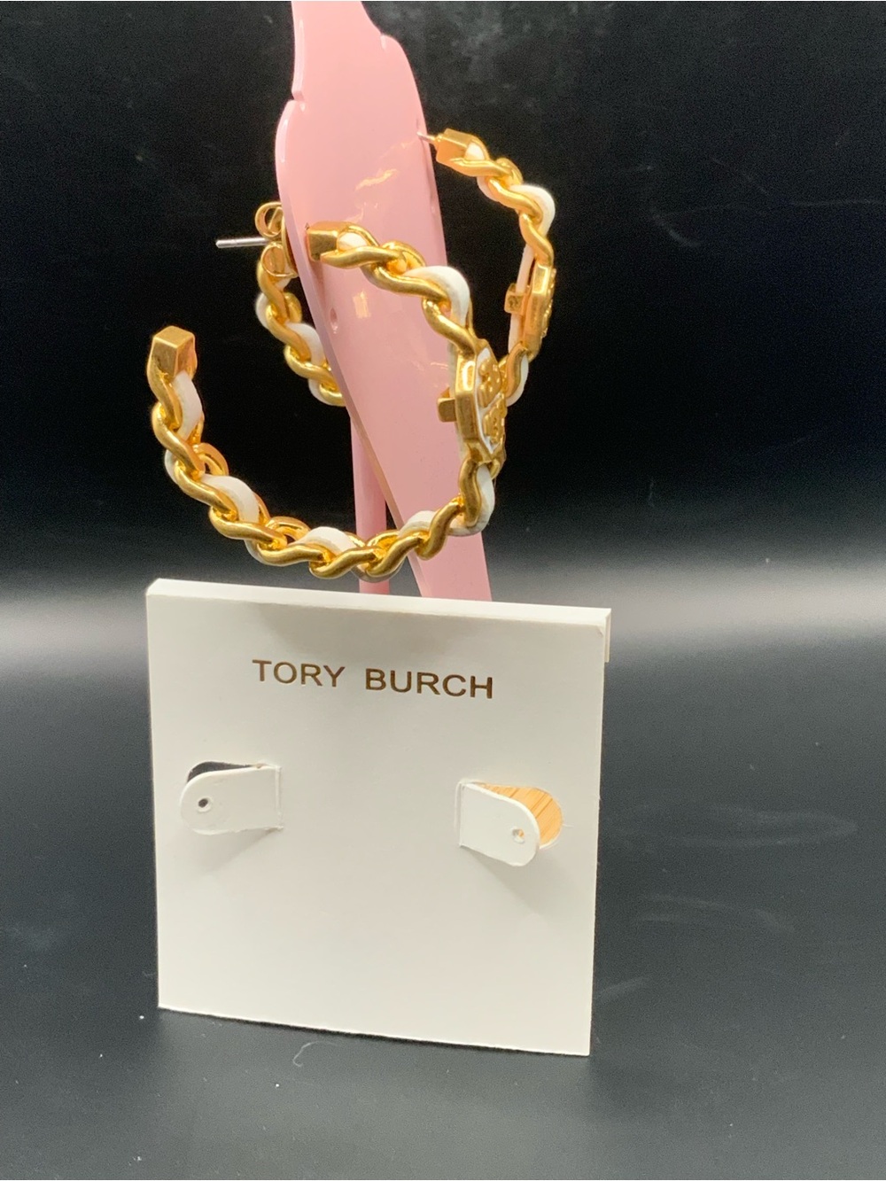 Tory Burch Gold and White Chain Hoop Earrings - Picture 5 of 6